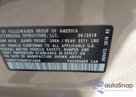 2017 Volkswagen Passat 1.8T Se from USA, damaged, VIN 1VWBT7A35HC014209